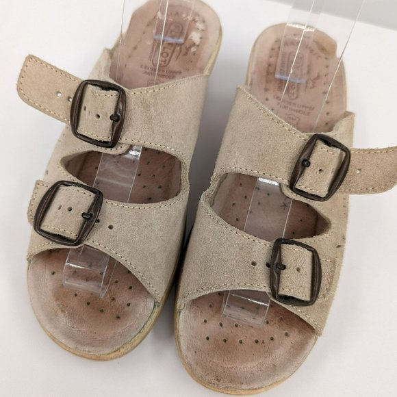 Fly Flot Slides 37 5.5 Tan Leather Two Strap Buckle Open Toe Italy Made Comfort - Picture 5 of 14